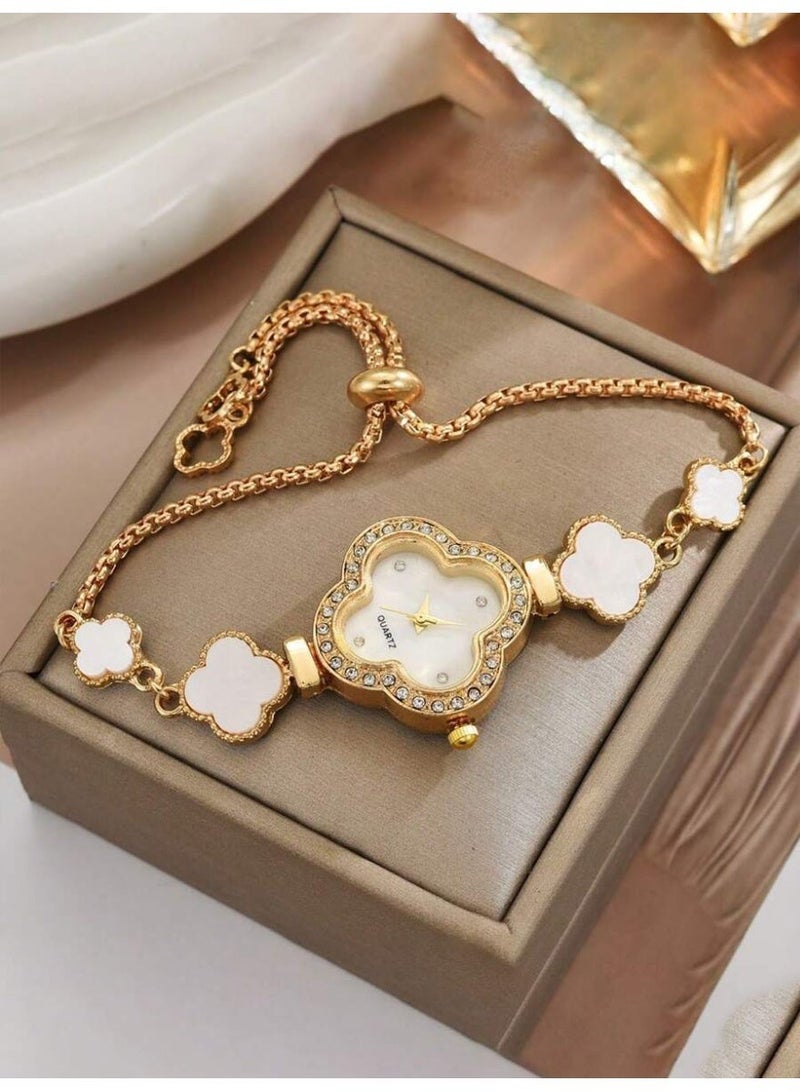 aeen Clover Design Quartz Watch for Women – Elegant Rhinestone Round Dial, Stainless Steel Strap with Tassel Detail, Stylish Everyday Wrist Watch Gift for Her - Image 2